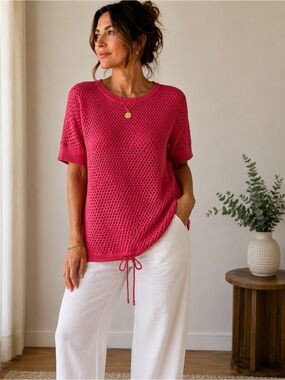 Kit and Ace 100% COTTON Pink Short-Sleeve Open Knit Drawstring Top
